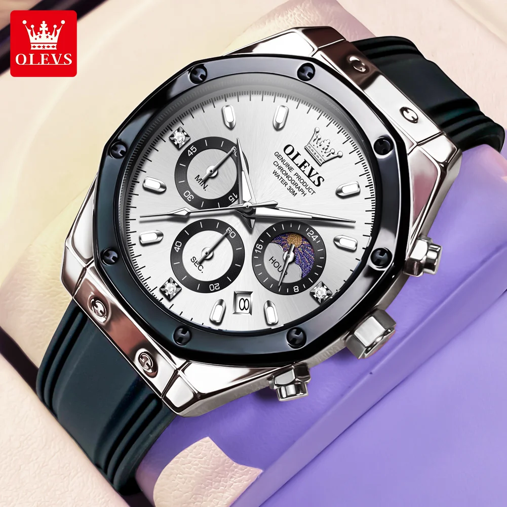 

OLEVS Роскошные мужские часы, оригинальные кварцевые часы, водонепроницаемые часы для мужчин, силиконовый ремешок, часы с хронографом и фазой Луны 9911