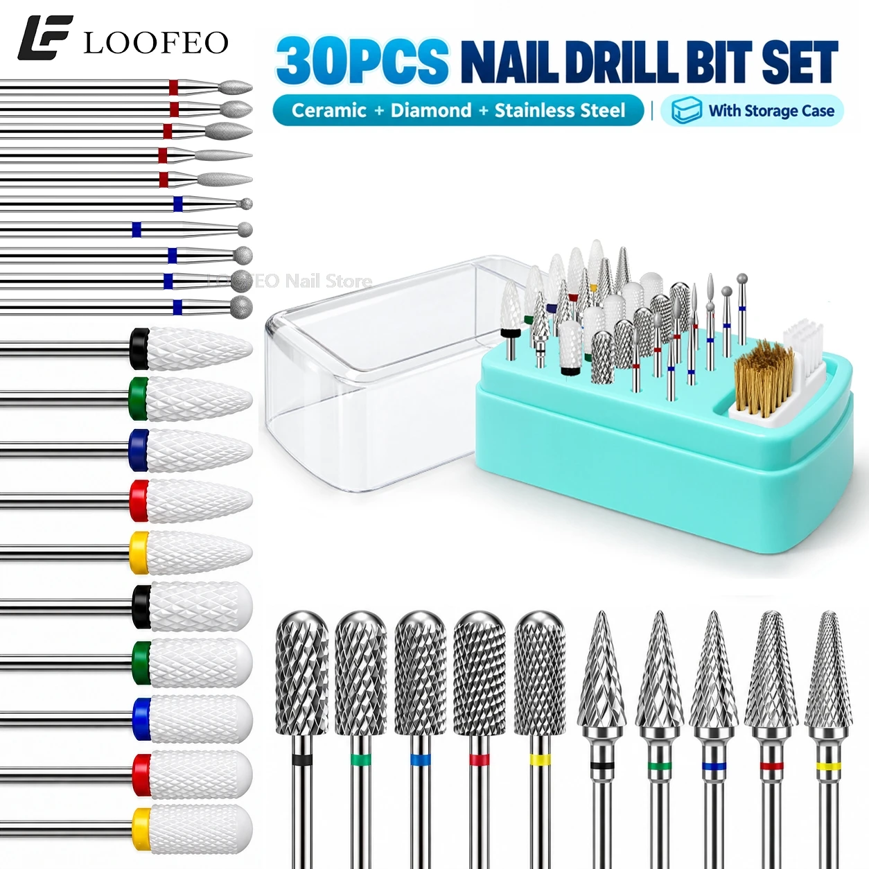 30PCS Nail Drill Bits Set with Storage Case Milling Cutter for Manicure Nail File Drill Bits for Acrylic Gel Removal Cuticle 