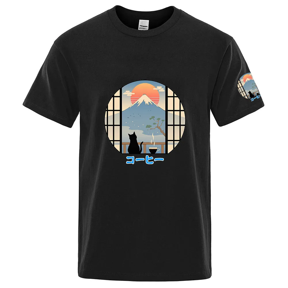 Coffee Cat in Mt Fuji Print 2025 Men's Ordinary Short-sleeved Casual T-Shirt Cotton Summer New Daily Decal Classic Tops