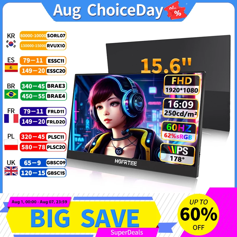 HGFRTEE Ultra-Slim Portable Monitor 15.6'' FHD 1080P 250cd/m Dual Type-C & HDMI Interface for Laptop PC Phone PS4 Xbox Switch