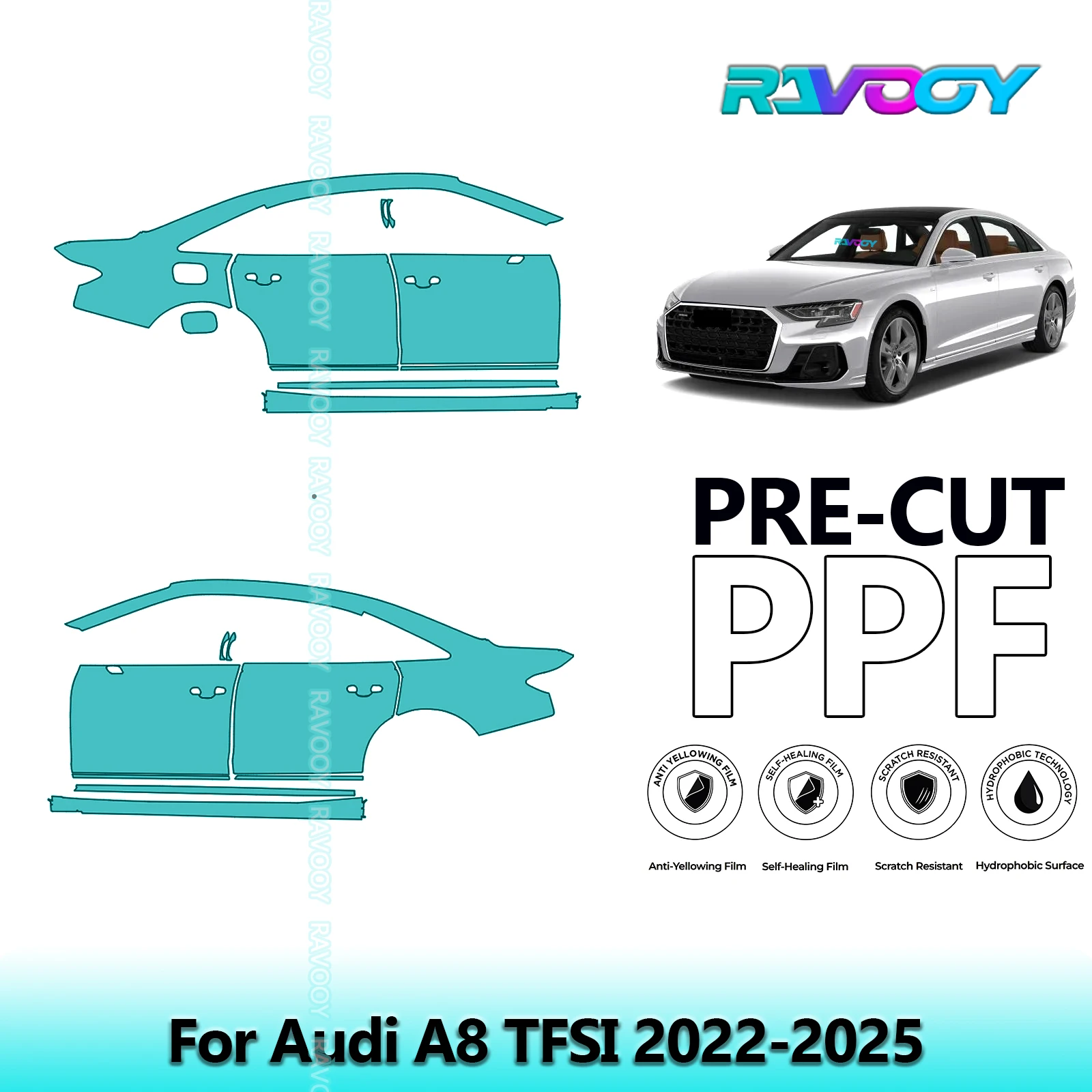 

For Audi A8 TFSI 2022-2025 8.5mil Clear Matte Pre-Cut PPF Door & A/B Pillar Kit TPU Paint Protection Film Set