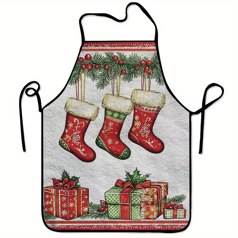 1pc Christmas Stocking Pattern Printed Apron, Unisex Fashionable Home Workwear, Durable BBQ Apron Washable Reusable