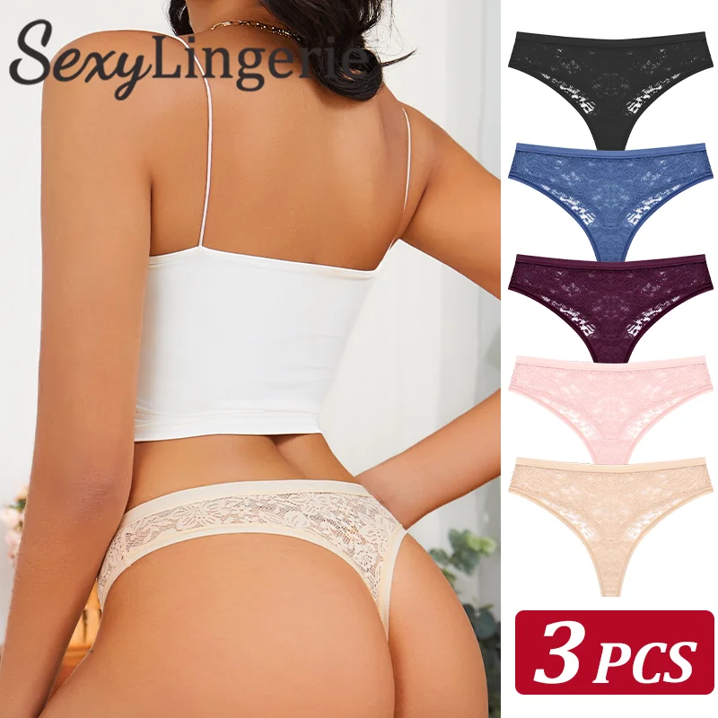 

3Pcs/Set Women Sexy Lace Thongs Panties Lingerie Floral Sexy Low Waist Deep Color Ladies Underwear Fashion Soft Underpants S-XL