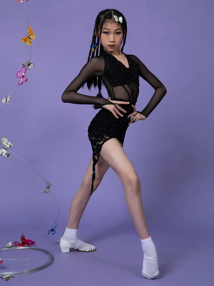 Kids Latin Dance Clothes Black/White Gauze Skirt Professional Rumba Practice Clothing Ballroom Dance Competition Dress DWY8717