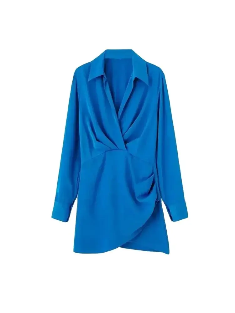 Women Fashion With Gathered Satin Mini Dress Vintage V Neck Long Sleeve Female Dresses Vestidos Mujer