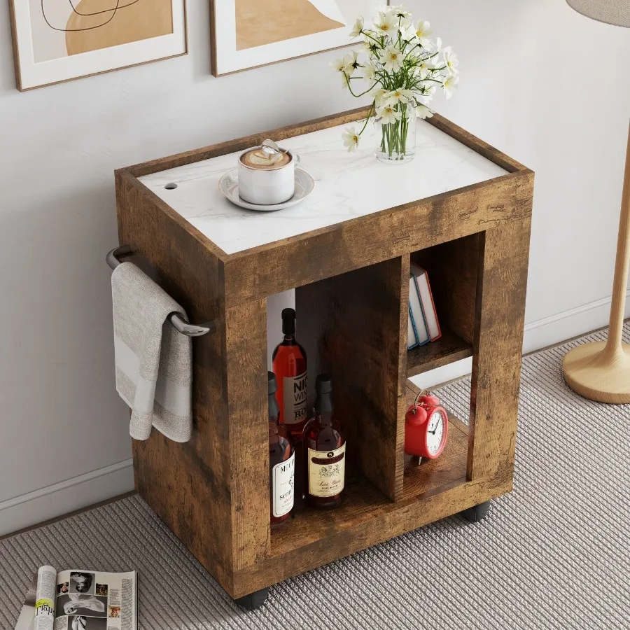 

Midcentury modern style movable side cabinet for sofa household brown trolley storage locker and shelf for living room.