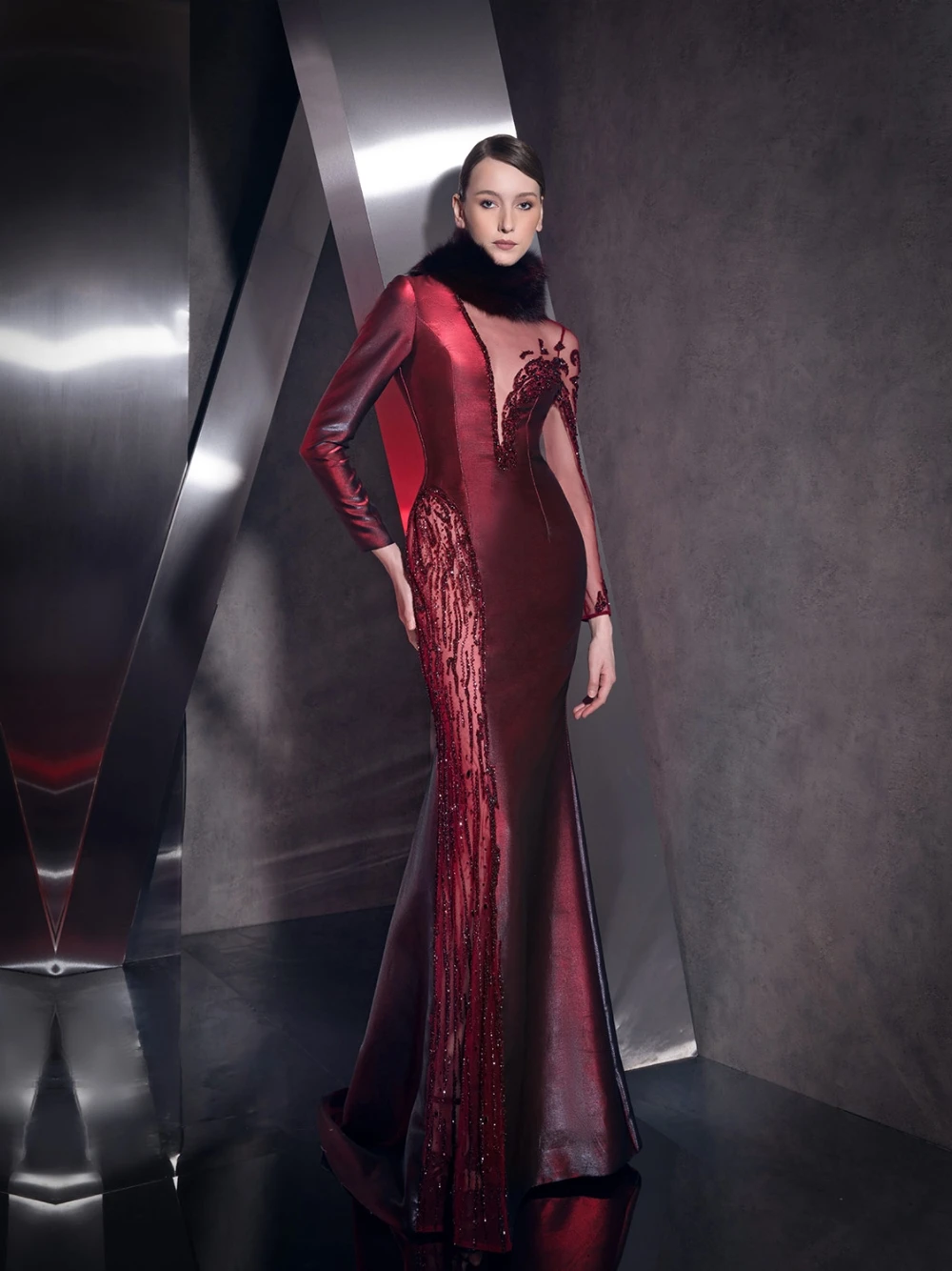 Seksowna, elegancka suknia koktajlowa w stylu syreny, szyta na miarę dla kobiet, vintage, z futerkiem, długie rękawy, błyszcząca, delikatnie zdobiona koralikami suknia wieczorowa.