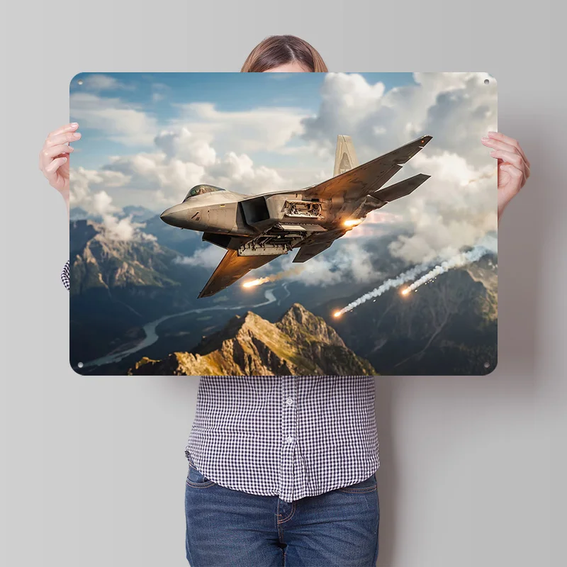 Fighter Jet Ejects Flares Over Mountains Personalized 3D Textured Metal Poster Wall Art Vintage Tin Signs for Decoration Room