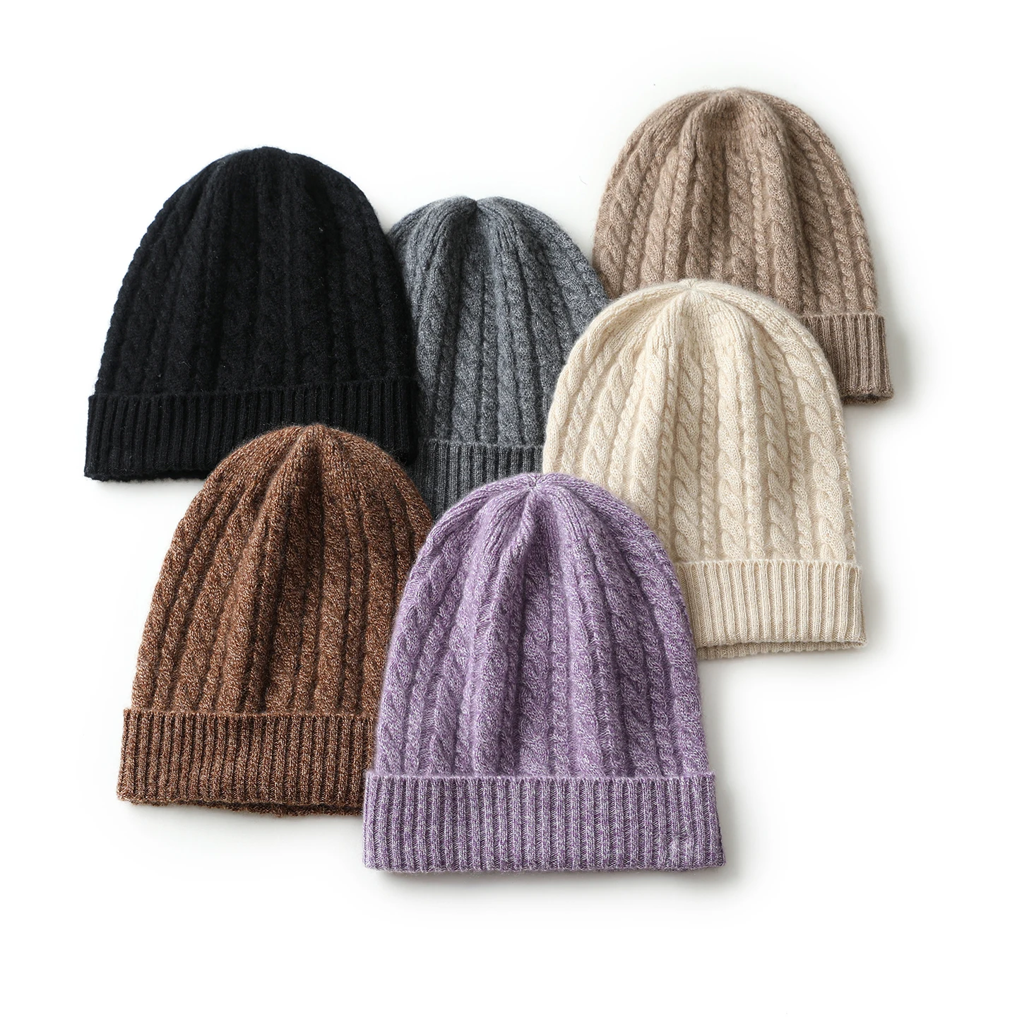Jueqi Women's Pure Cashmere Beanie, Double-Layer Thick Warm Twisted Cable Knit Head Wrap Hat for Autumn & Winter