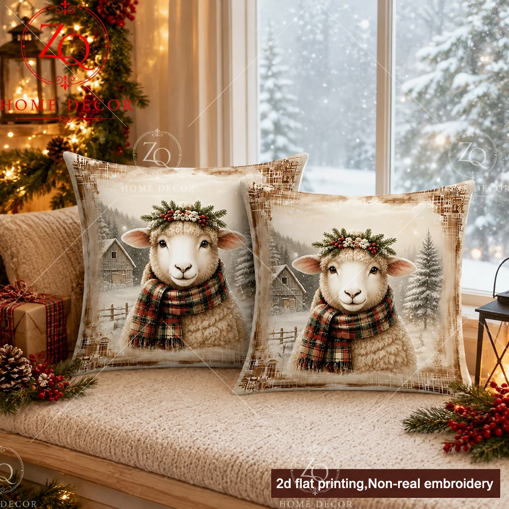 Peach Skin Christmas Cushion Cover 2D Flat Printed Sheep Pillowcase Cute Lamb Throw Pillow Case For Couch Sofa Bed Room Holiday
