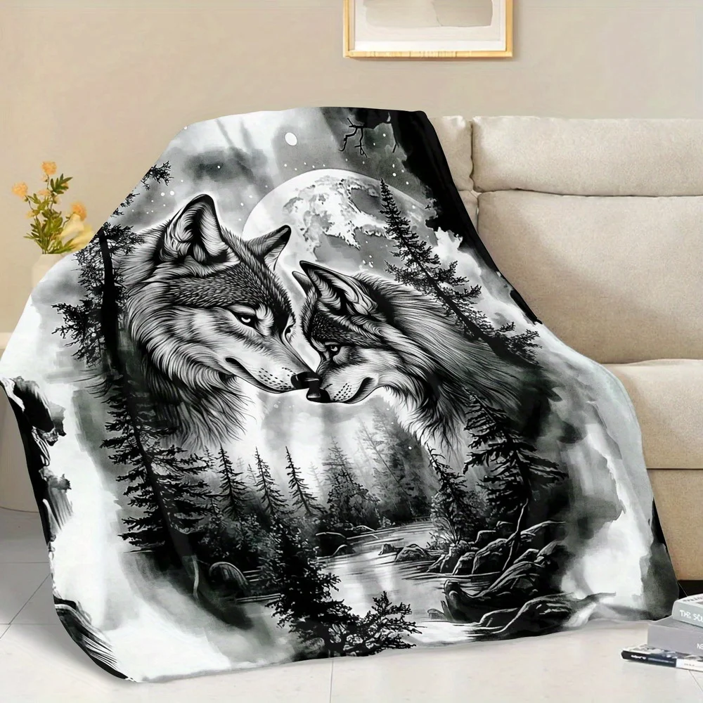 Black White Ink Two Wolves Pine Forest Full Moon River Print Warm Blanket For Bedroom Sofa Camping Home Leisure Daily Household