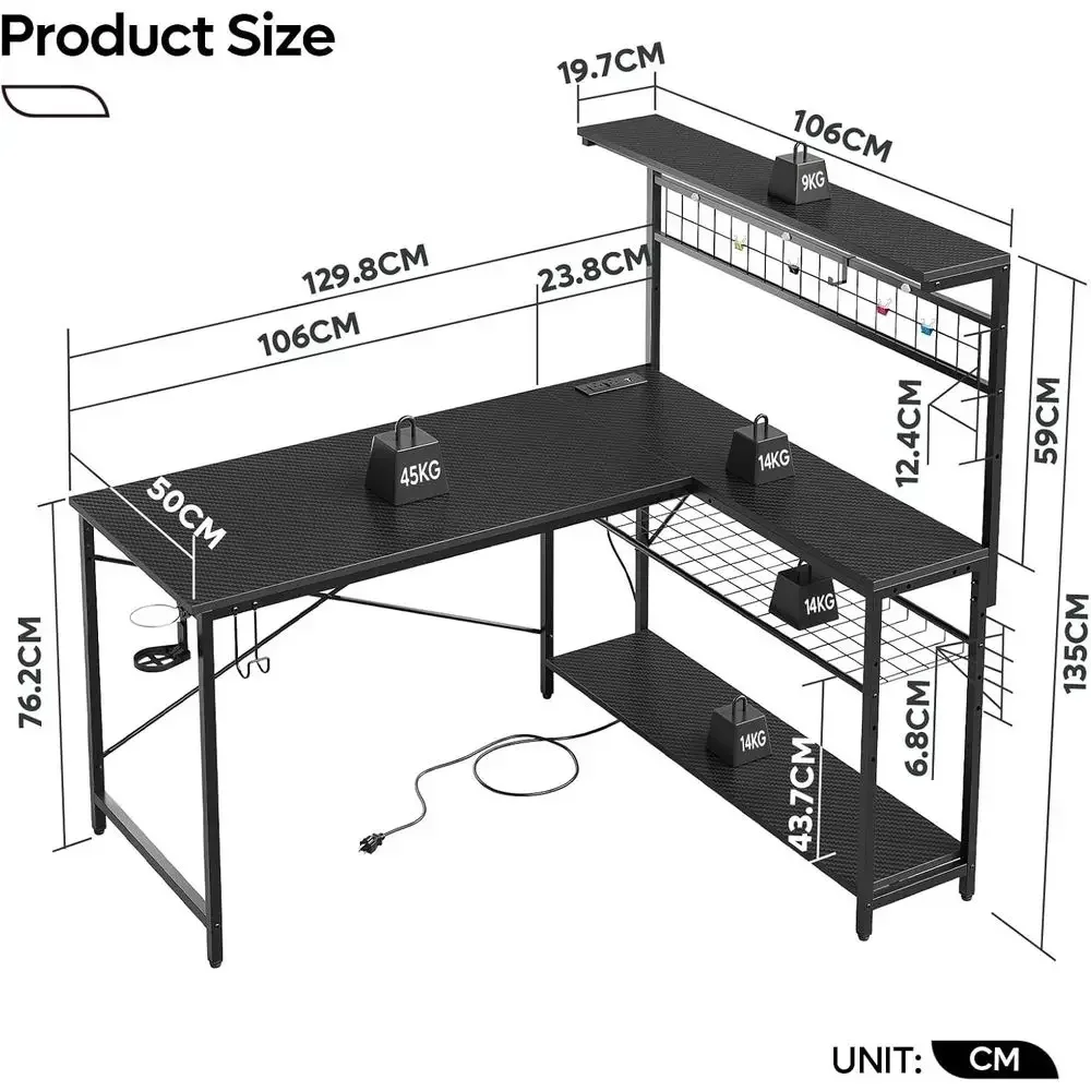 51 L-Shaped Gaming Desk with Power Outlets, LED Lights, 4 Tier Shelves, Reversible Table, Hooks & Cup Holder in Carbon Fiber Bla