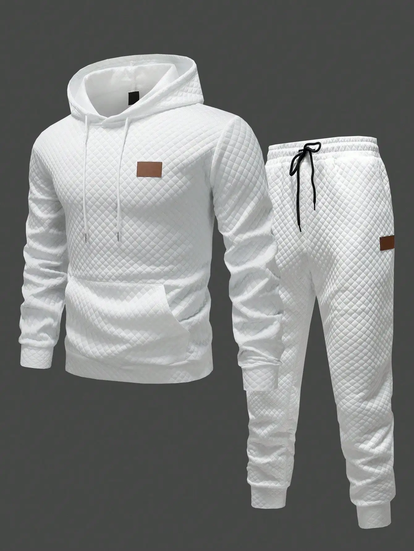 

Men's White Quilted Hoodie and Jogger Pants Set, Casual Diamond Pattern Tracksuit for Autumn Winter