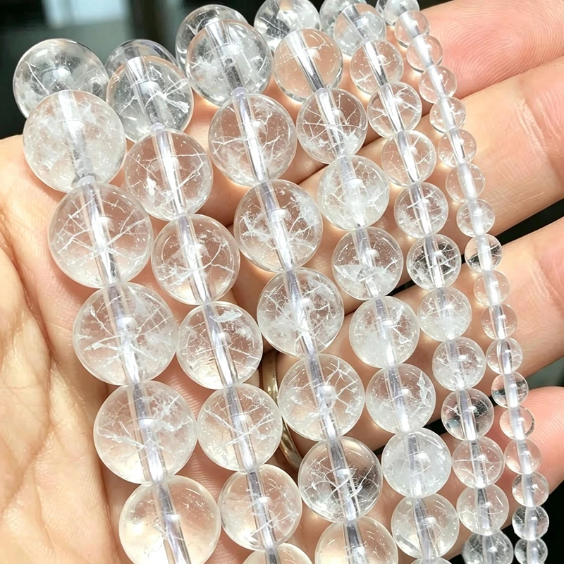 Natural White Clear Quartz Cracked Crystal Round Loose Beads DIY Bracelet Earrings 4/6/8/10/12mm For Jewelry Making 15'' Strand