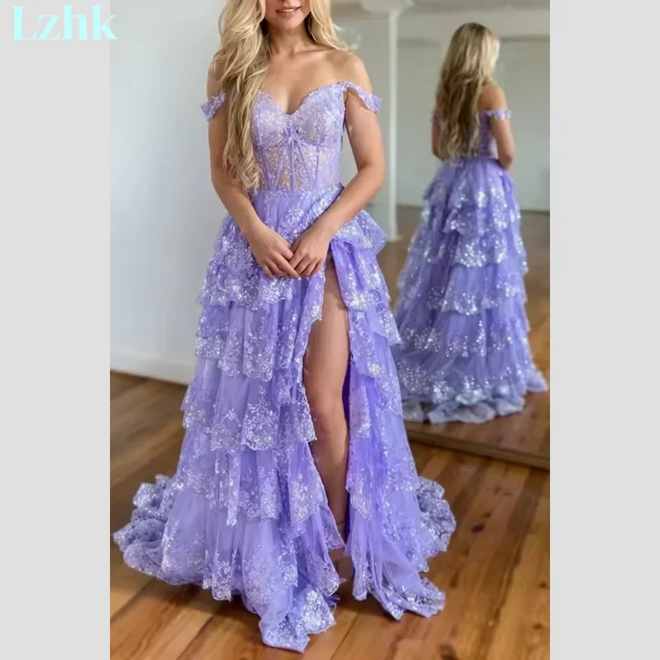 Sukienka wieczorowa z koronki, seksowna, z falbanami, w kształcie litery A, z cekinami, z odkrytymi ramionami, delikatna, z dekoltem w serduszko, فستان سهرة نسائي