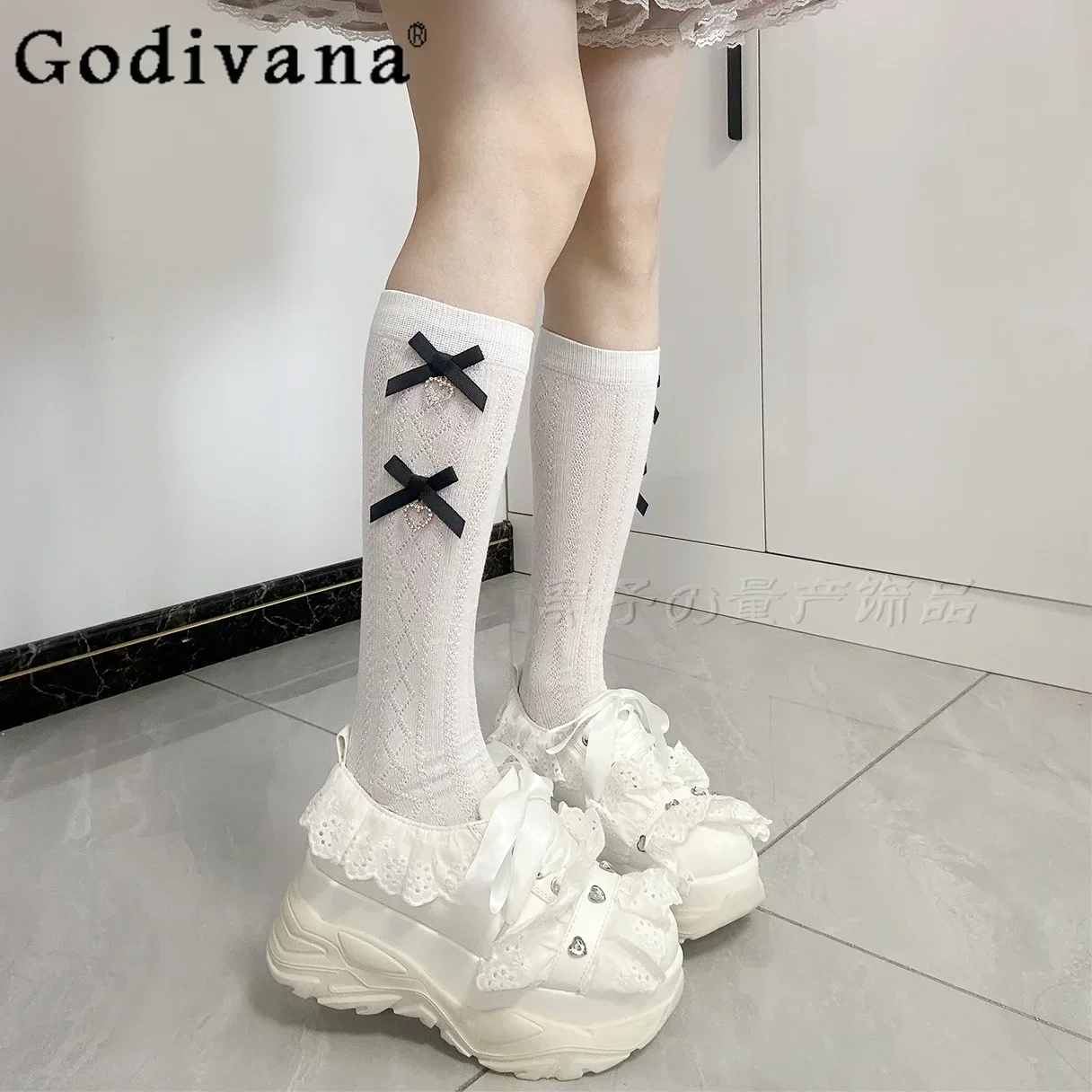 

Women's Japanese Mass-produced Cute Bow Love Pendant High Tube Socks Girls Sweet JK Calf Socks Spring and Autumn Long Socks