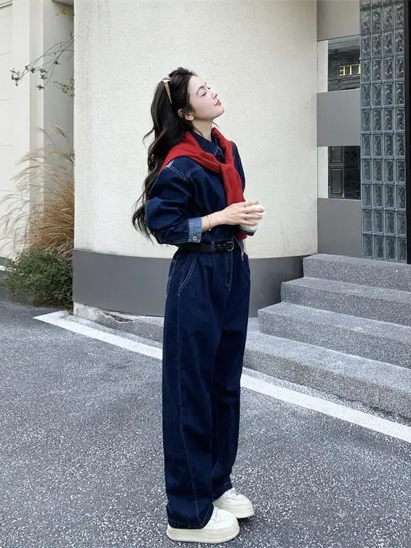 

Американский джинсовый комбинезон с высокой талией и прямыми штанинами для женщин, стройнящий, в стиле рабочей одежды, весенняя новинка