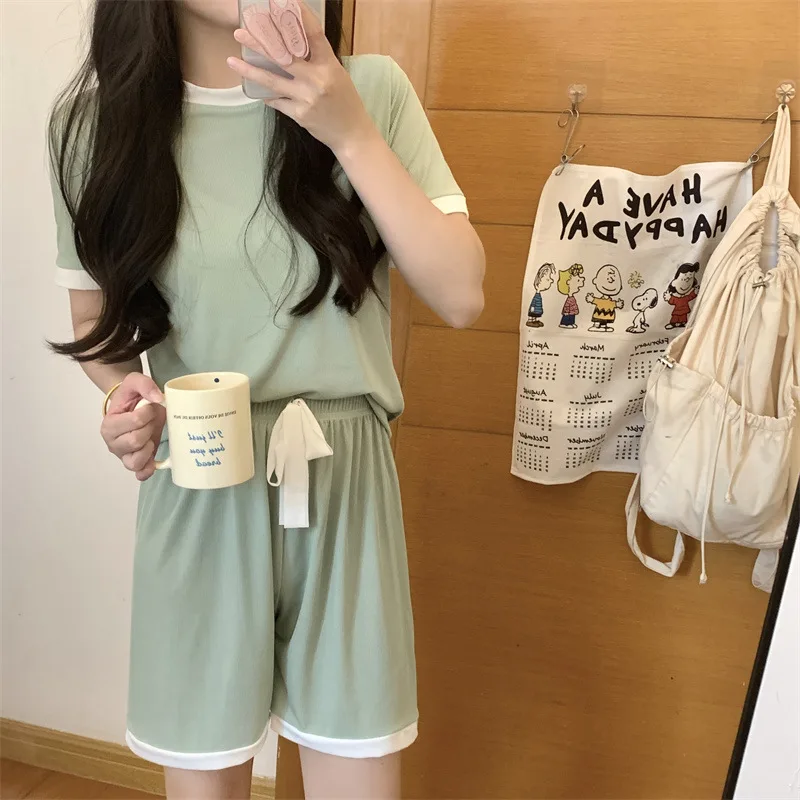 Women\'s New Summer Pajamas Homewear Set of Student T-Shirt Tops Shorts Homewear Ladies Loose Ice Silk Homewear Two-Piece Set