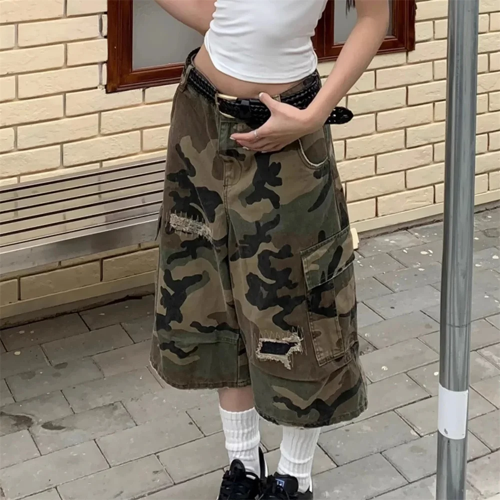 Pantaloncini di jeans mimetici americani retrò streetwear Tasche a vita alta da donna Hip Hop 2025 Jeans corti casual Y2K Grunge