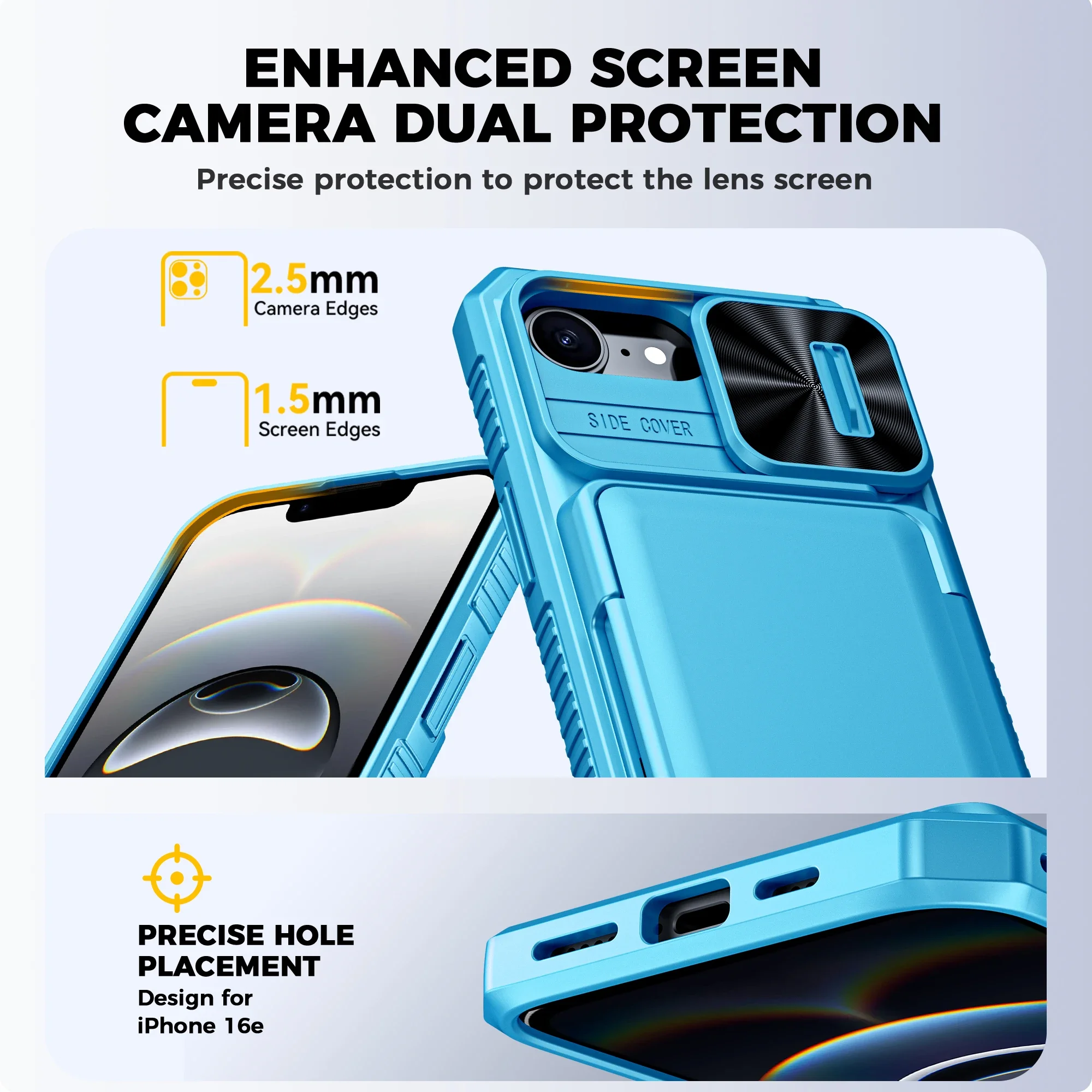 هدايا الهالوين، حامل بطاقات محفظة RFID، غطاء كاميرا، جراب هاتف واقٍ متين مقاوم للصدمات لهاتف iPhone 16 E-Light Blue