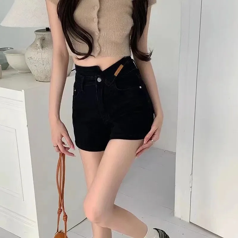

High Waist Black Shorts Women's Summer IrregularaLoose Slimming Hot Pants Hot Girls Internet-Famous Outdoors Spring