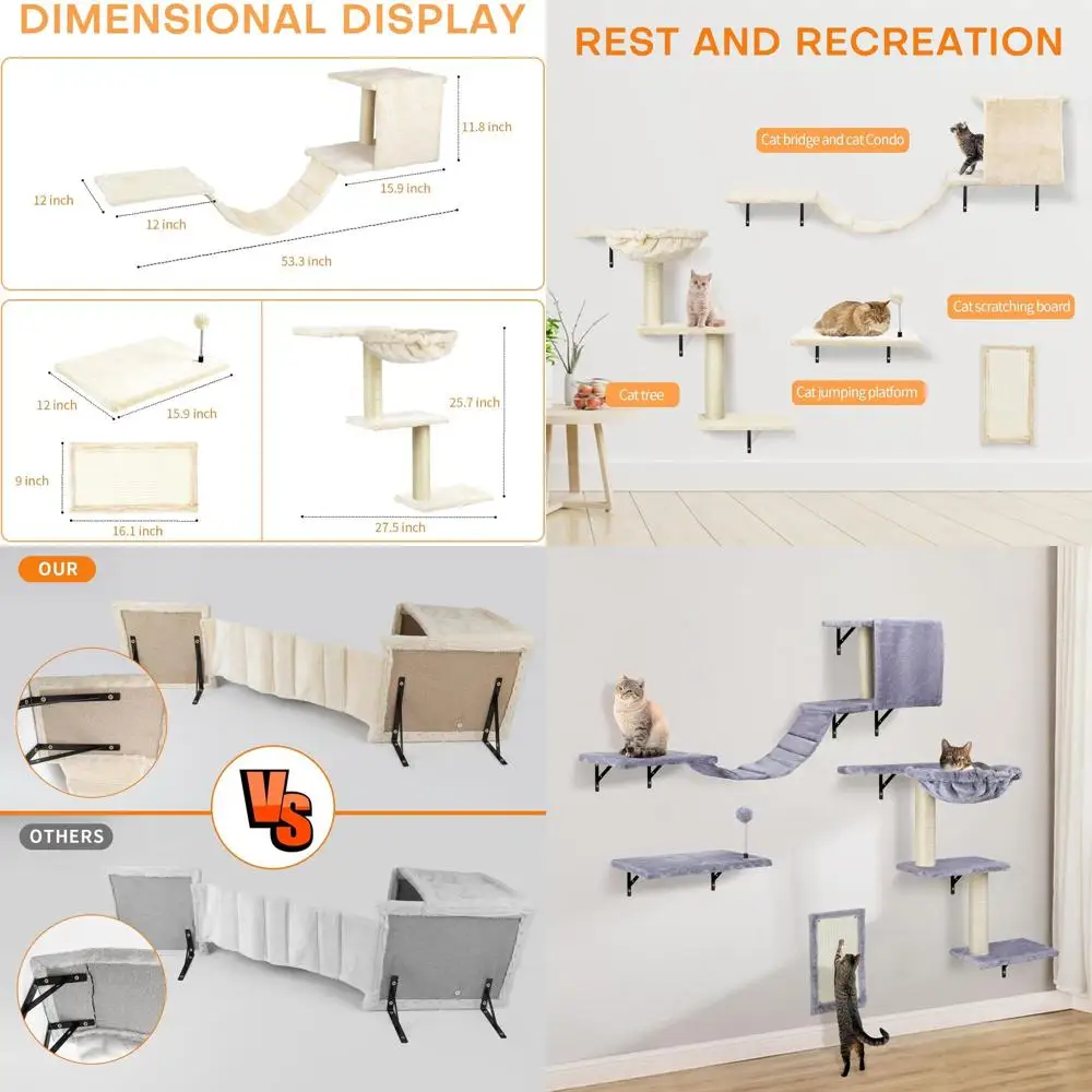 

Настенный набор мебели для кошек из 5 предметов: полки, жердочки, мебель, лестница, доска светло-серого цвета.