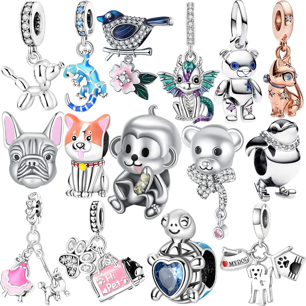 925 Sterling Silver Movable Teddy Bear Dangle Charme, Se Encaixa Pandora Pulseira, Mulheres DIY, Zoo Play, Acessórios Jóias, Simples