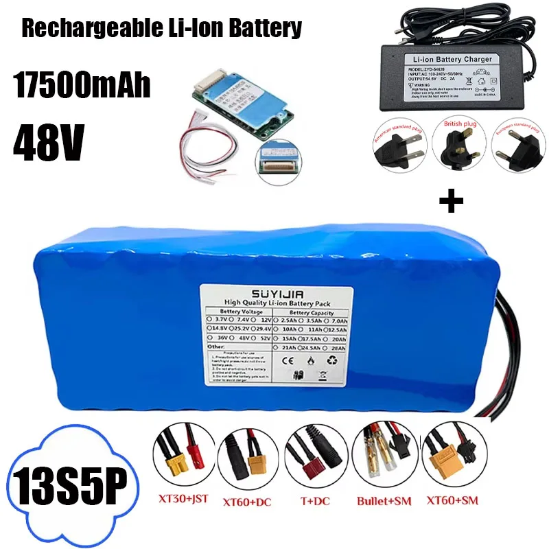 13S5P 48V 17500mah 18650 Lithium Battery Pack + Built-in BMS 500-1000W Suitable for Electric Bicycle Scooter Battery + Charger