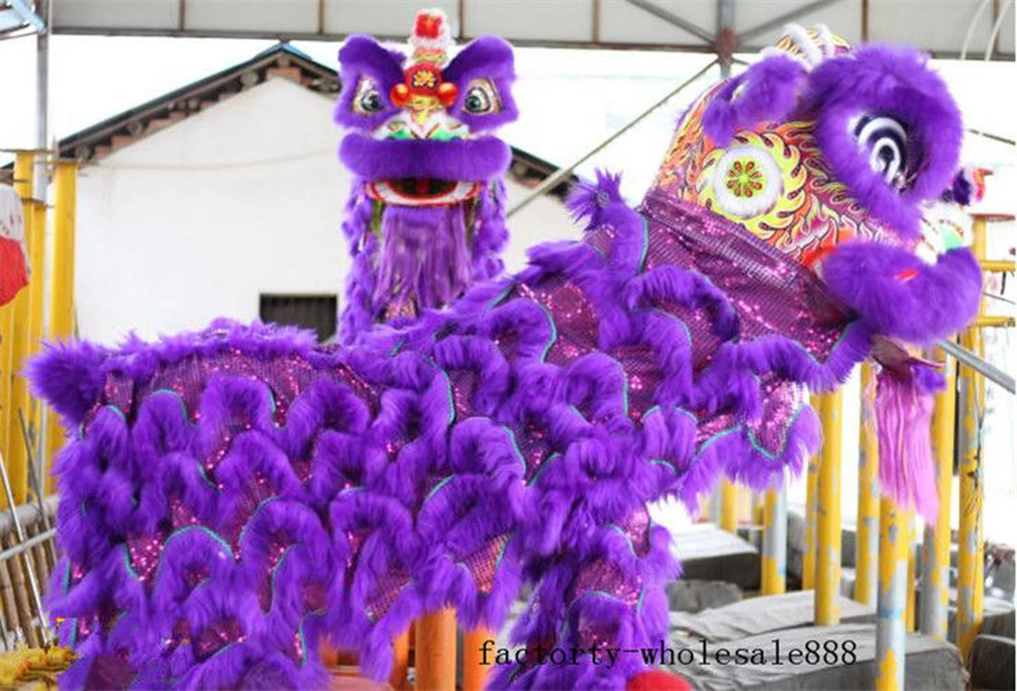 Fashion Purple Chinese Folk Art Lion Dance Mascot Costume Wool Southern Lion Two Adults Advertising Carnival Halloween Christmas