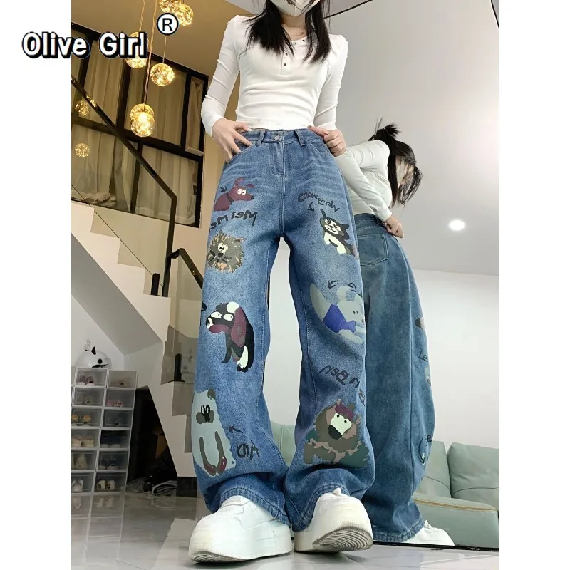 Olivegirl jean rétro américain imprimé Graffiti pantalon femme printemps taille haute pantalon ample jambe droite pantalon large décontracté