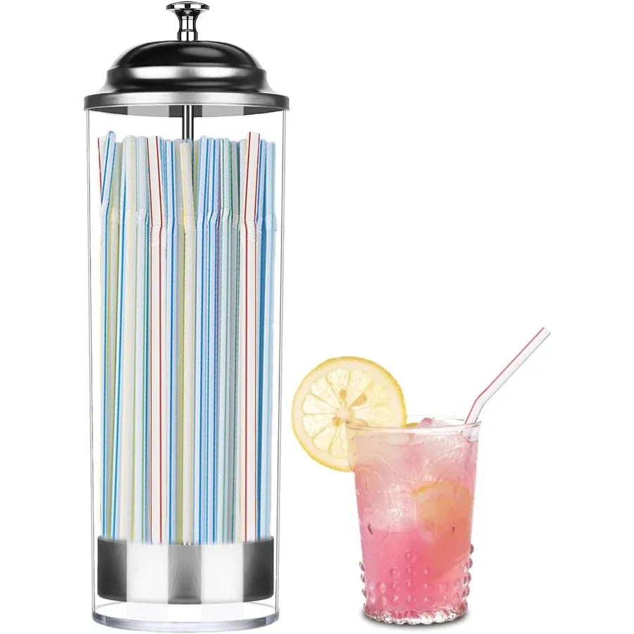 

Straw Holder Dispenser 100 PCS Striped Straws Ilude Clear Glass Drinking Straw Container with Stainless Steel Lid for Standard