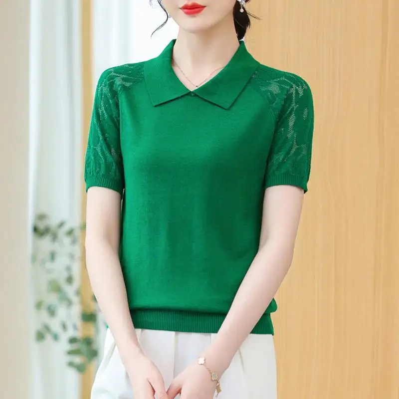 

Women Clothing Thin Ice Silk Hollow Out Elegant Tops Short Sleeve Solid Simplicity Vintage T Shirts Summer New Fashion Casual