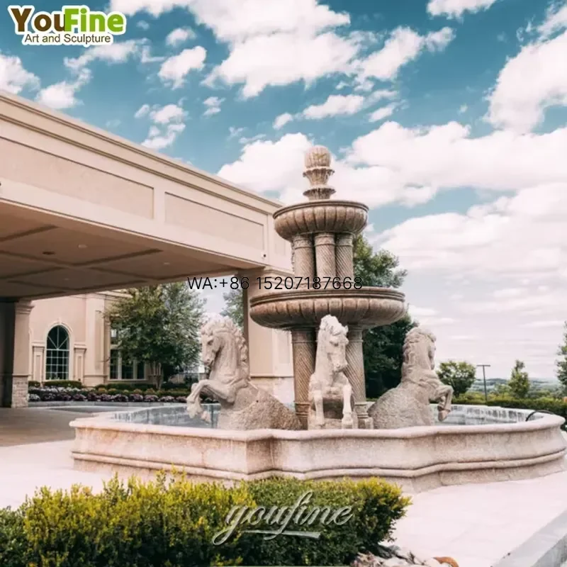Wmwmnu Classic White Stone Marble Fountain with Horse Sculptures Large Outdoor Water Feature for Hotel Garden Plaza Landscape