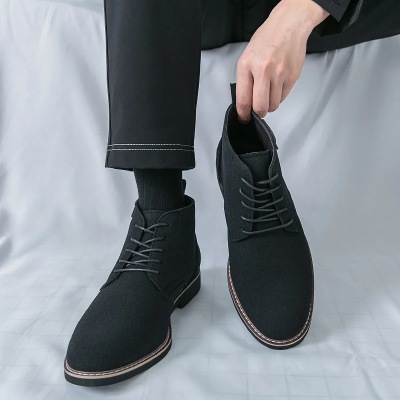 Men High Top Leather Boots Suede Lace Up Pointed Fashion Casual Boots Fashionable and Comfortable Shoes