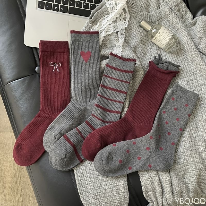  5 pairs New autumn winter casual comfortable mid length stockings fashionable versatile love butterfly knot pile women's socks 