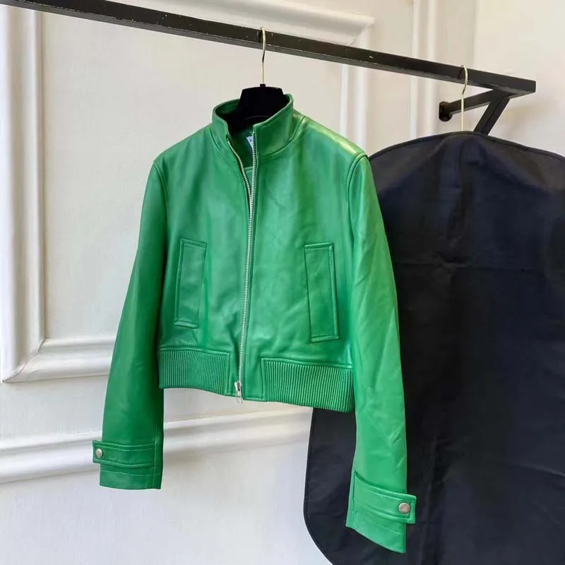 Jaqueta de couro genuíno feminina primavera e outono curto comprimento nova chegada gola o-pescoço cor verde outerwear