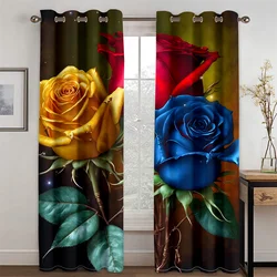 2pcs Brilliant Red Rose Flower Retro Style Curtains Window Treatment for Bedroom Office Kitchen Living Room Study Home Decor