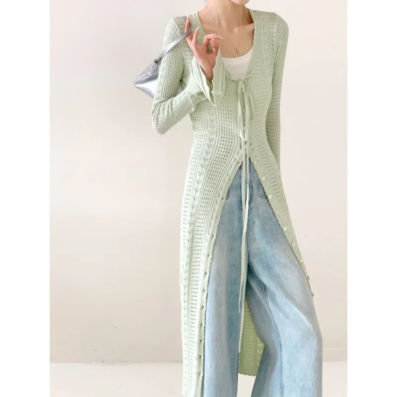 

2025 Early Autumn New Knitted Cardigan Y2k Slim Fit Mid-length Tops Women Fashion Flare Sleeve All-match Sweaters Mujer
