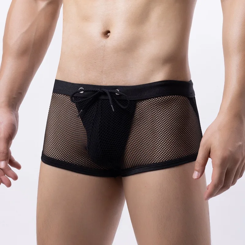 Men's Boxer Briefs Large Mesh Breathable Underwear Low-waist Hollowing To Lift The Buttocks Double Thong New Fashion Underpants