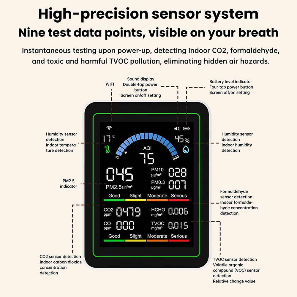 10-in-1 Intelligenter Luftqualitätsmonitor CO2 CO Tester TVOC HCHO PM Formaldehyd-Detektor Temperatur- und Feuchtigkeitsmesser mit WLAN / ohne WLAN – Detail 6
