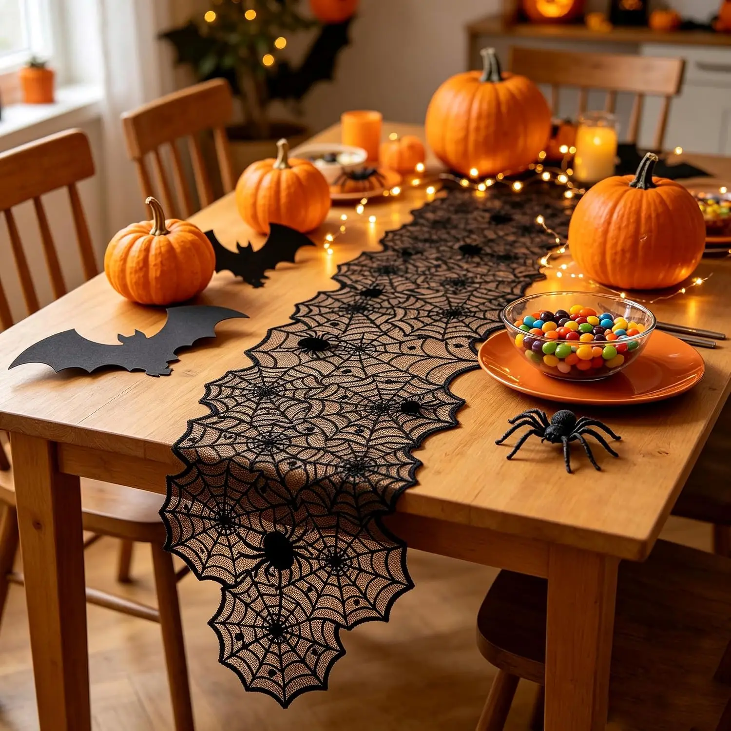Halloween Black Lace Spider Web Table Runner Halloween Party Decoration Table Runner Fireplace Mantel Cover Gothic Home