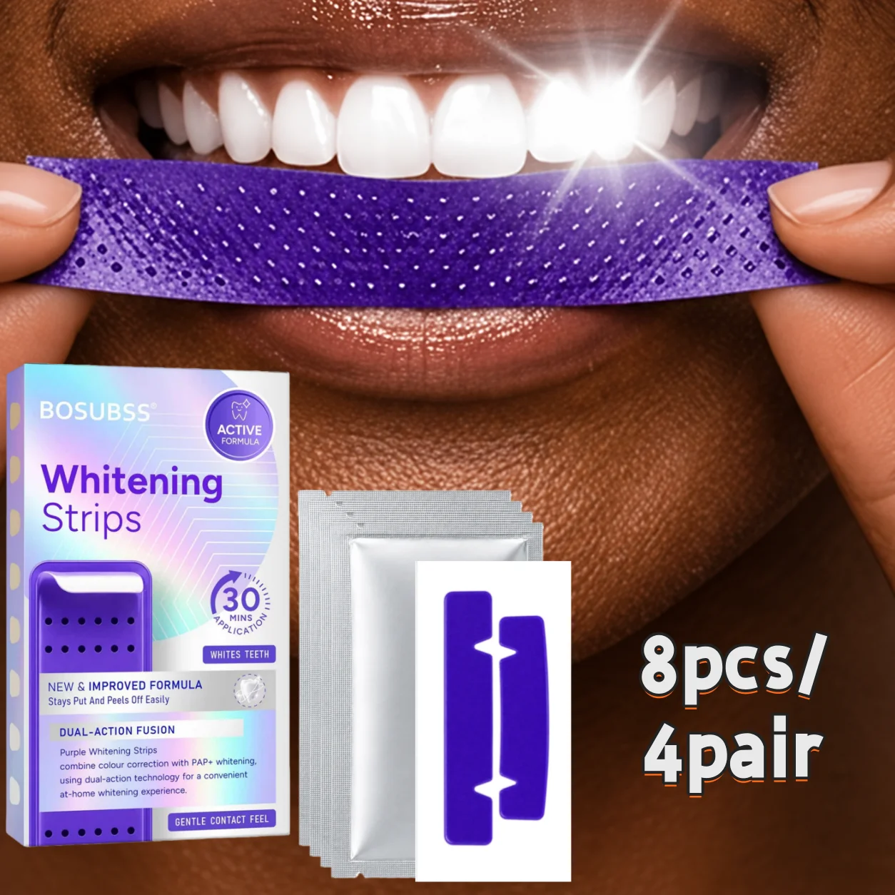 8Pcs (4Pairs) New Vibrant Purple Teeth Whitening Strips, Snug Adhesion on Teeth, Gentle Teeth Whitening, Non-Sensitive & Irritat