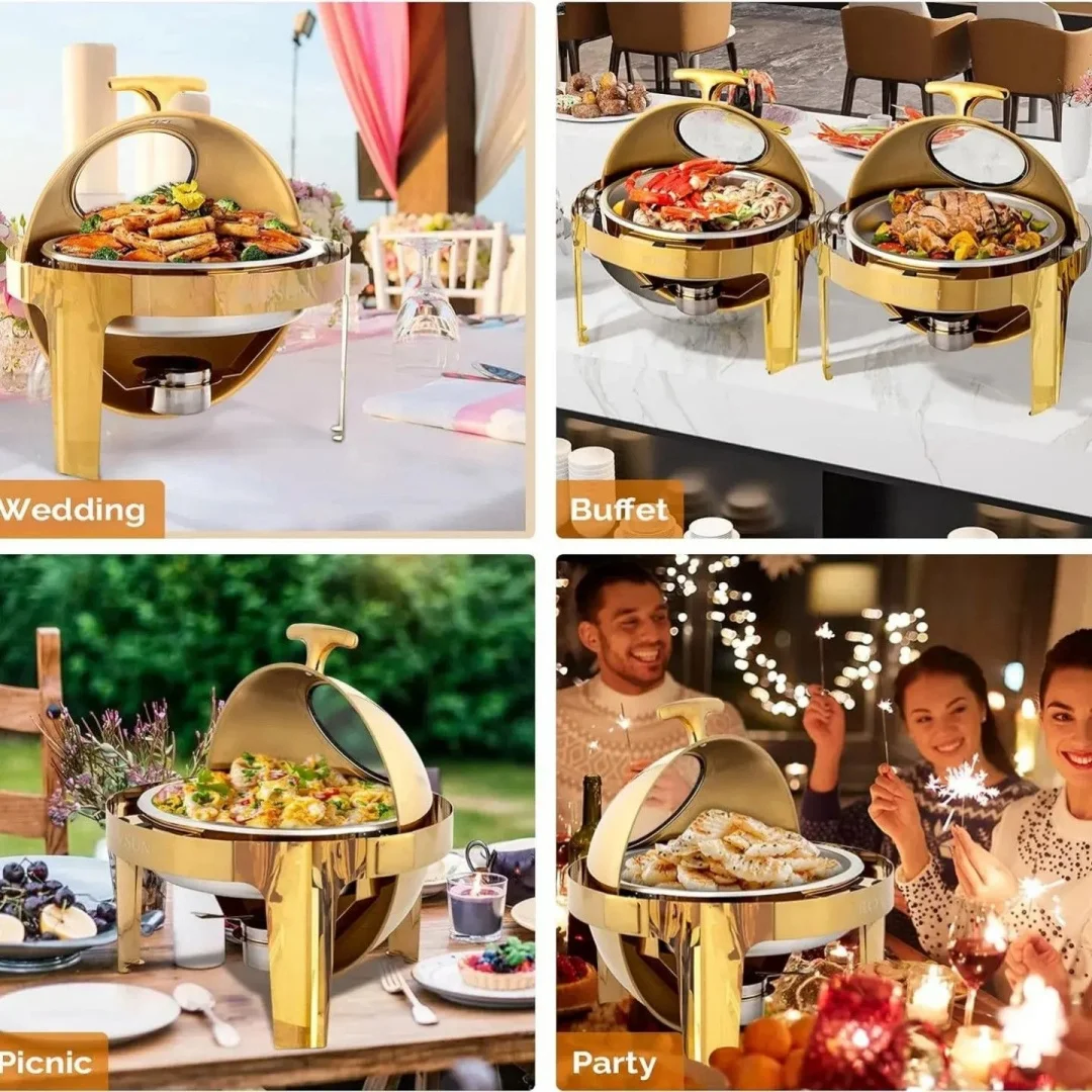 Commercial Grade 201 SS Round Chafing Dish Buffet Server with Glass Lid & Fuel Holder – Countertop Food Warmer for Weddings, Parties, Banquet Catering Events