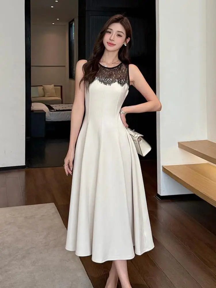 

French Summer Beige Patchwork Mesh Elegant Pleated Vest Long Dress Women Round Neck Sexy Club Sleeveless Vacation Birthday Dress