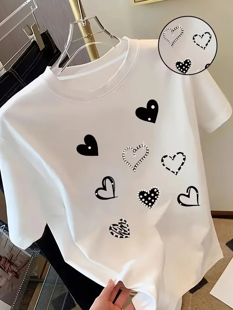Pearl Heart Print Round Neck Women's Short Sleeve T-Shirt - Spring/Summer Light Luxury Atmosphere Women's Top
