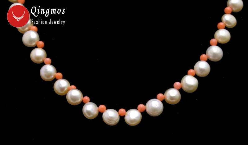 Qingmos Natural FW Pink Pearl Necklace with 7-8mm Flat Round Side Drilled & 3-4mm Pink Coral Necklace 17'' Chokers Jewelry