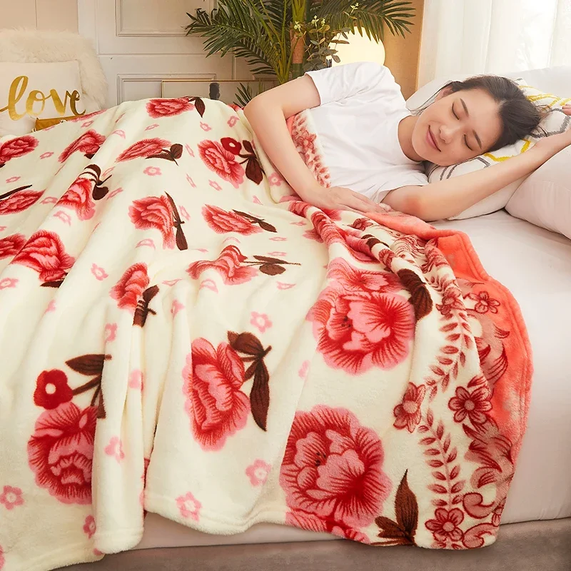 Thin Blanket for Summer Soft Coral Fleece Flannel Blanket for Beds Flower Printed Plaids for Bed Single/Queen/King Size Blanket