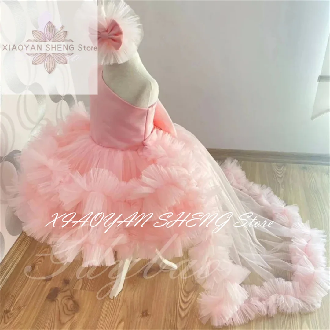 Pink Pleated Flower Girl Dress For Wedding Ruffles Tulle Puffy Knee Length With Tail Pageant Elegant Kid Birthday Ball Gown