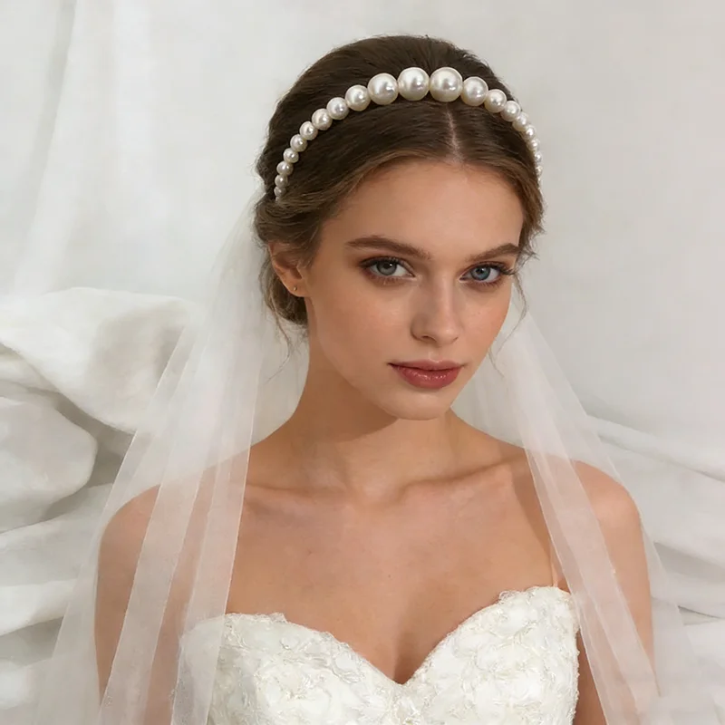 Diadema Coreana con Perlas Blancas de Imitación, Elegante Diadema con Velo de Perlas Completas, Decoración de Tiara para Novia, Accesorios para el Cabello de Novia A
