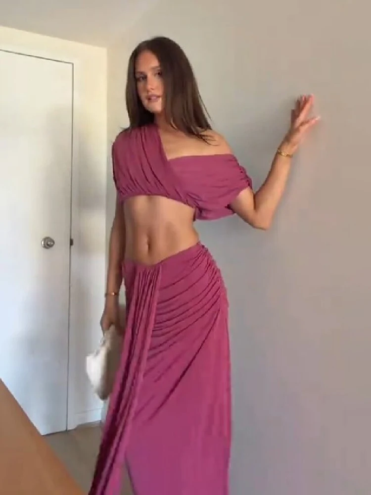 Women Chic Two Piece Magenta Set Off Shoulder Draped Bustier Crop Top Ruched Maxi Skirt Elegant Summer Party Holiday Wear New